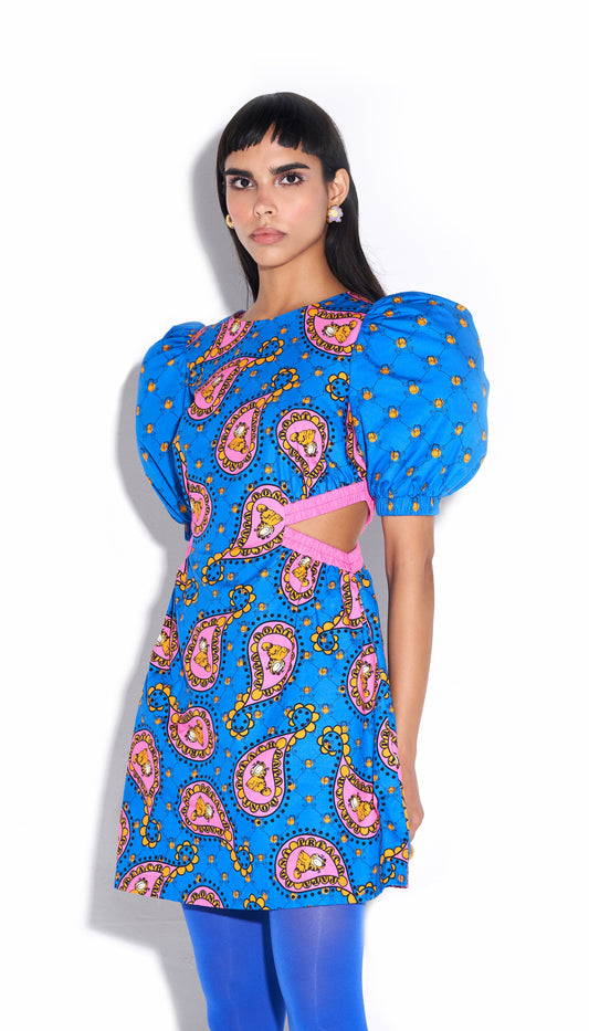 Cat nap - Side Cut-out dress in Blue Paisley print