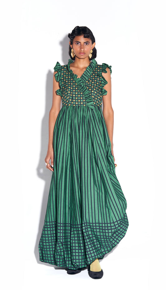 Fuzzy hug - Green Stripe Ruffle Dress