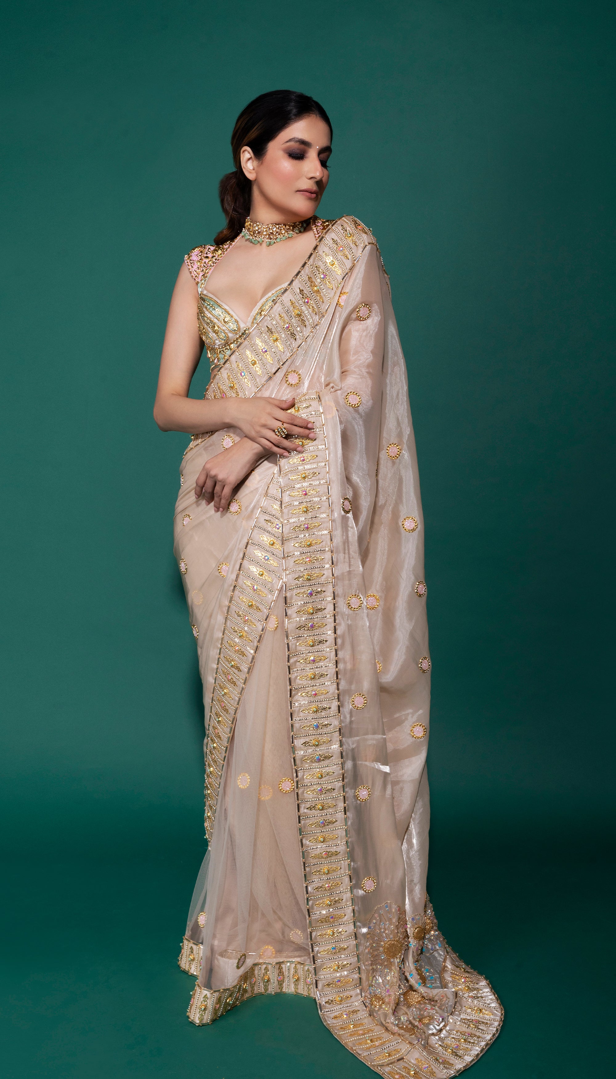 Ivory Nude Copper Zari Woven Banarasi Tissue Organza Saree | TST | The Silk  Trend