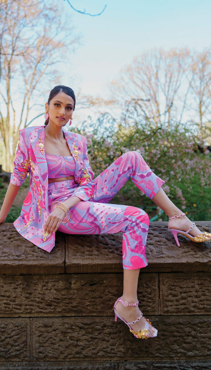 LIVING CORAL- Lilac and Hot pink sequin printed pant suit set