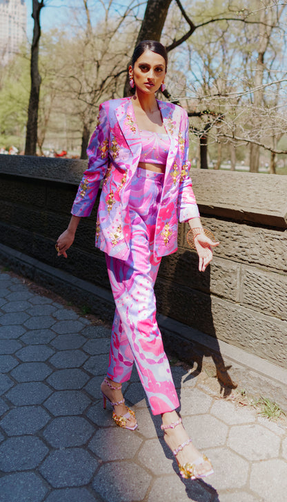 LIVING CORAL- Lilac and Hot pink sequin printed pant suit set