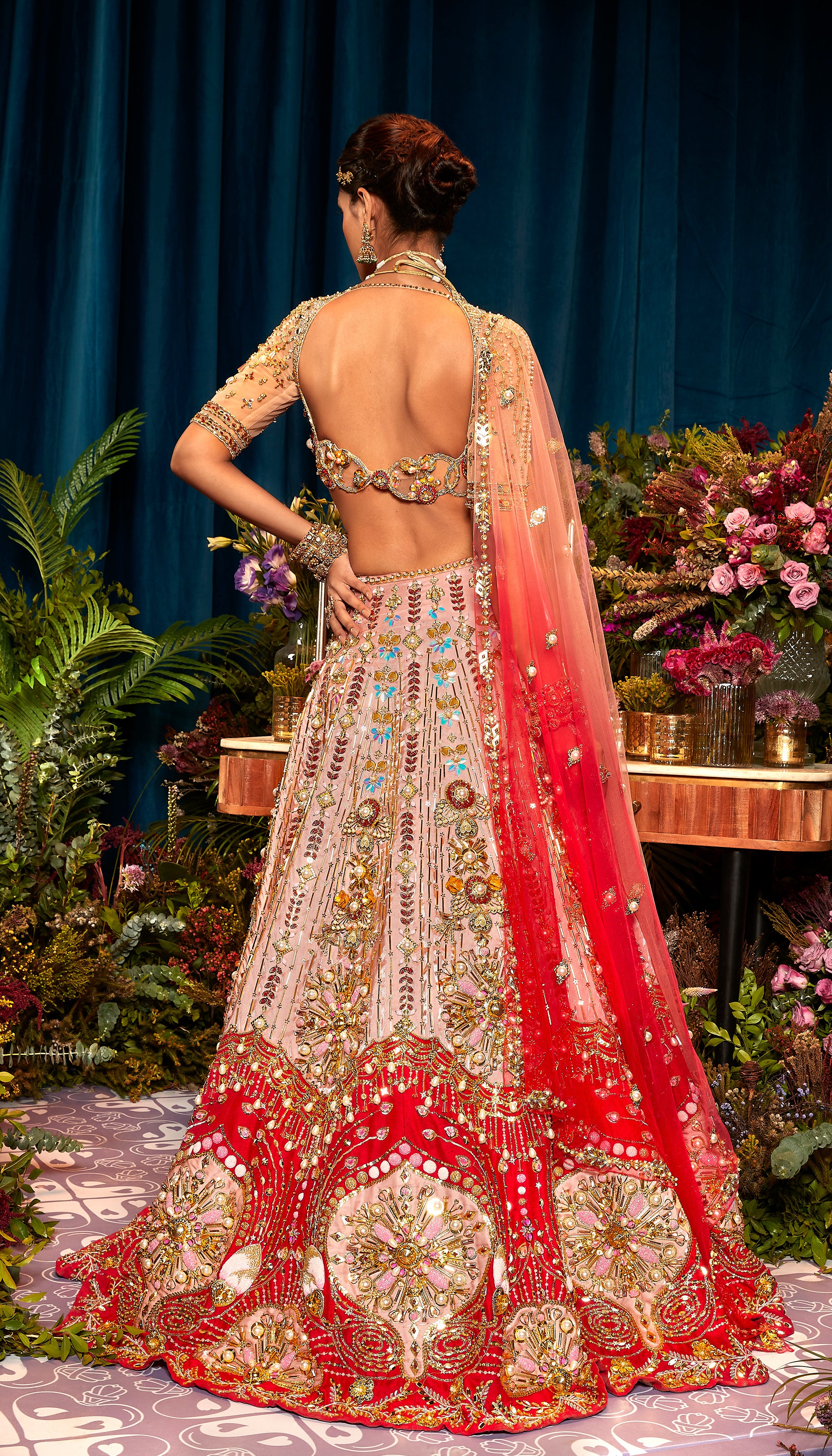 Red Color Printed With Foil Work Dola Silk Lehenga