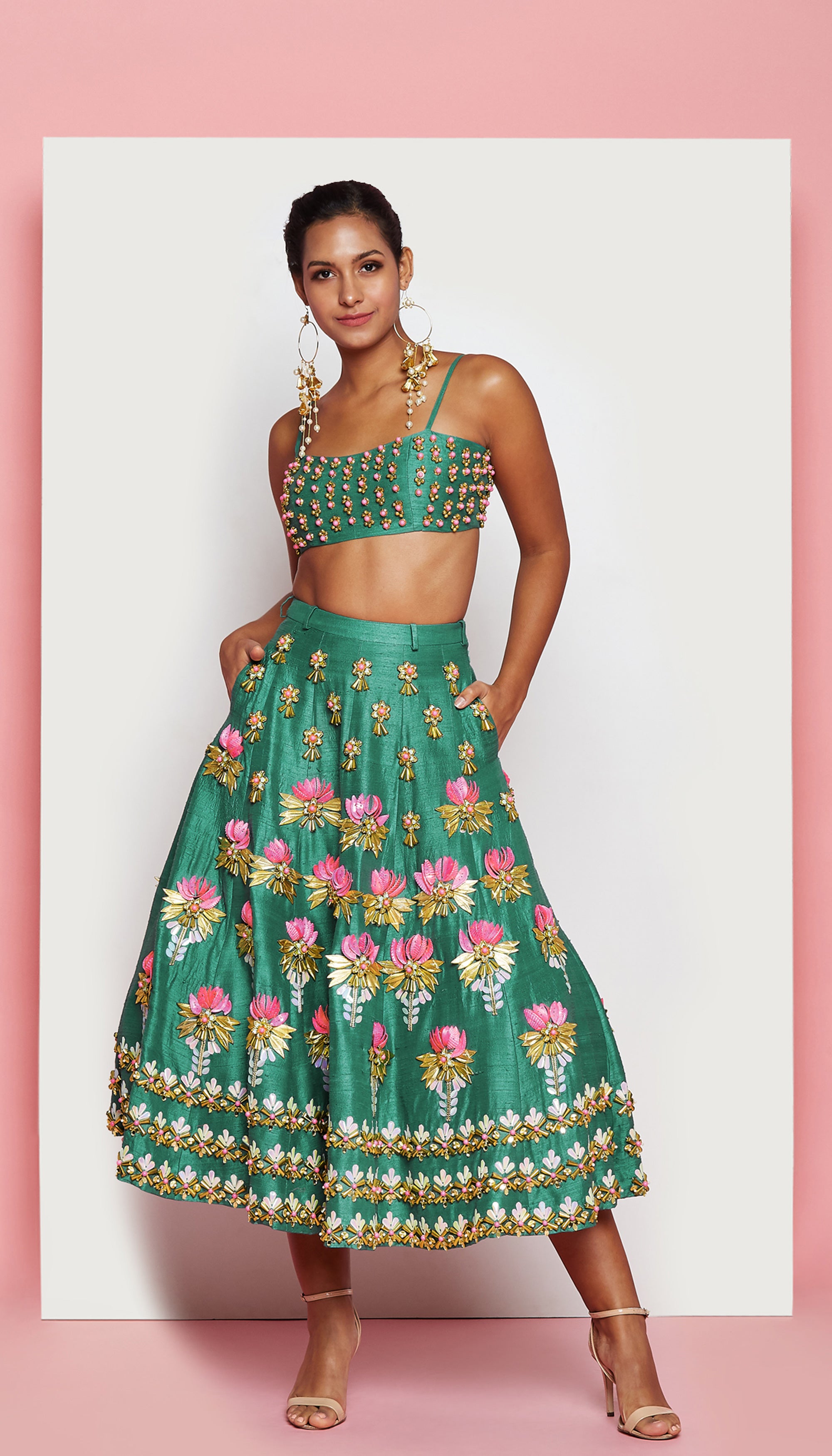 Hot Pink Embroidered Half Lehenga Set Design by Papa Don't Preach by  Shubhika at Pernia's Pop Up Shop 2024