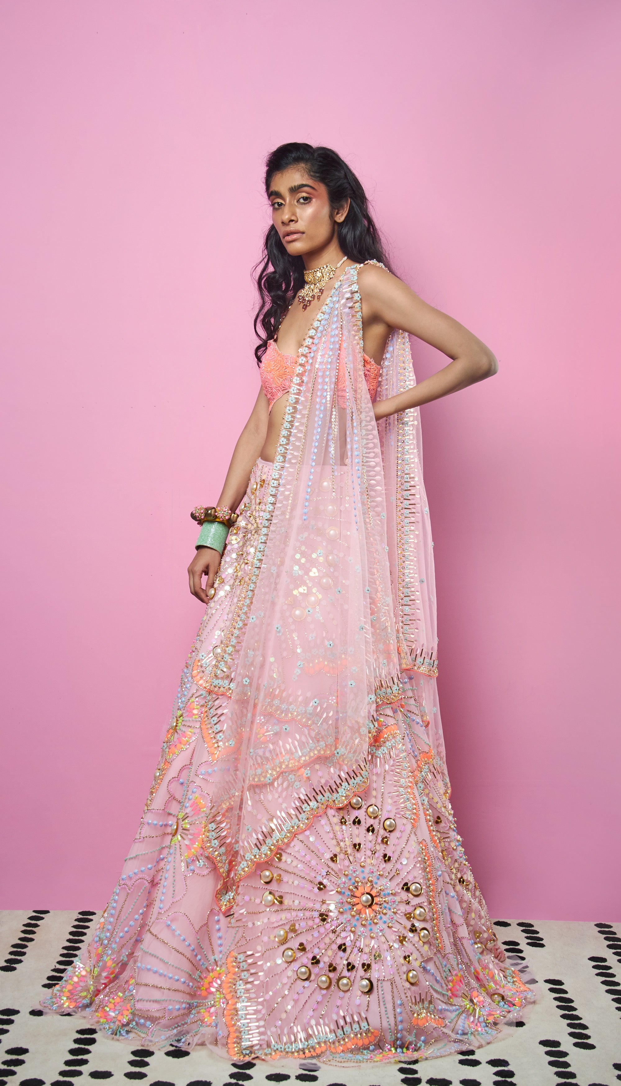 Bridal Lehengas : Baby pink soft net thread sequence work ...