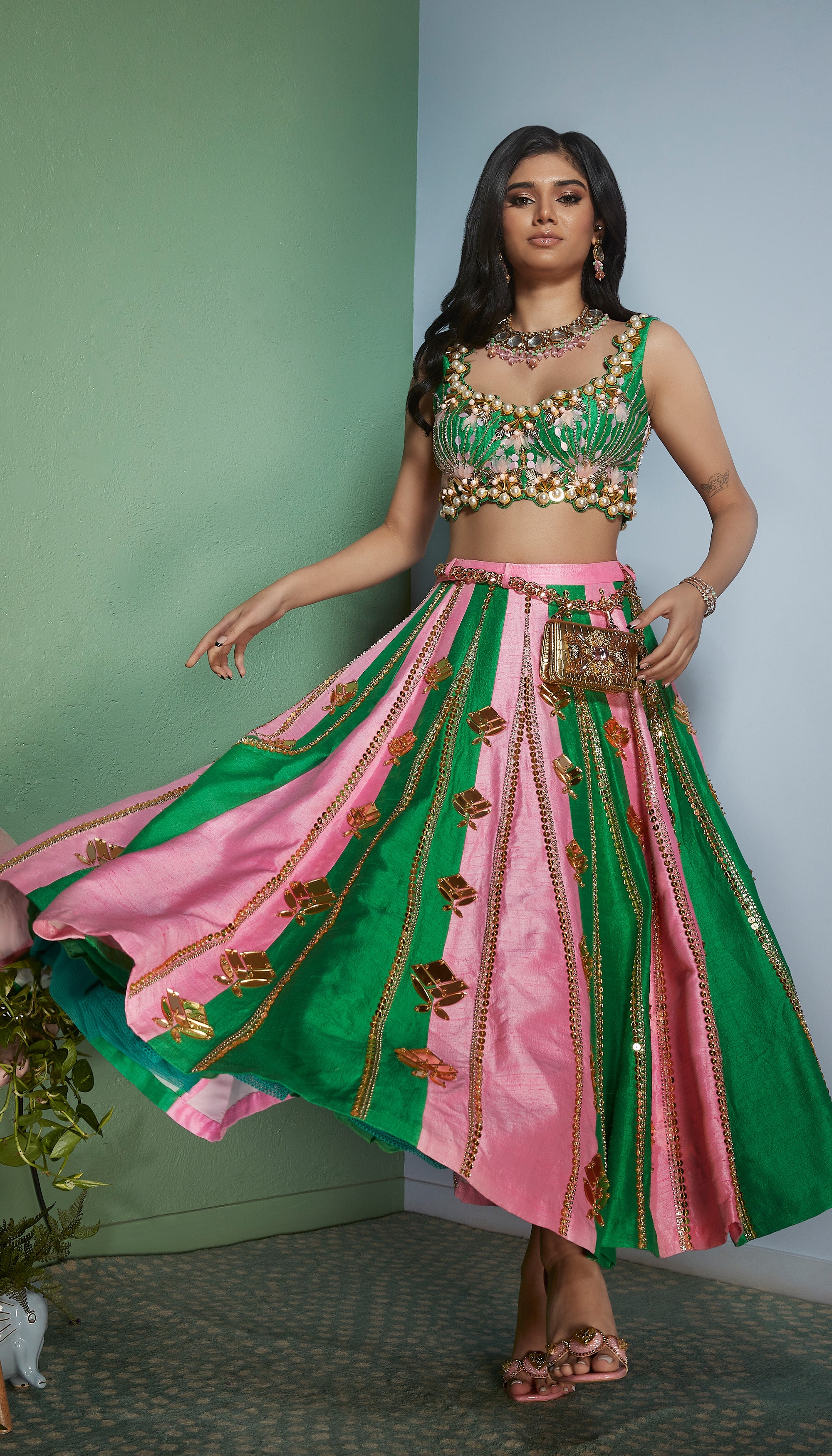 Buy HALFSAREE STUDIO Women Green and Rani Banarasi Silk and Net Lehenga  with Unstitched Blouse and Dupatta Online at Best Prices in India - JioMart.